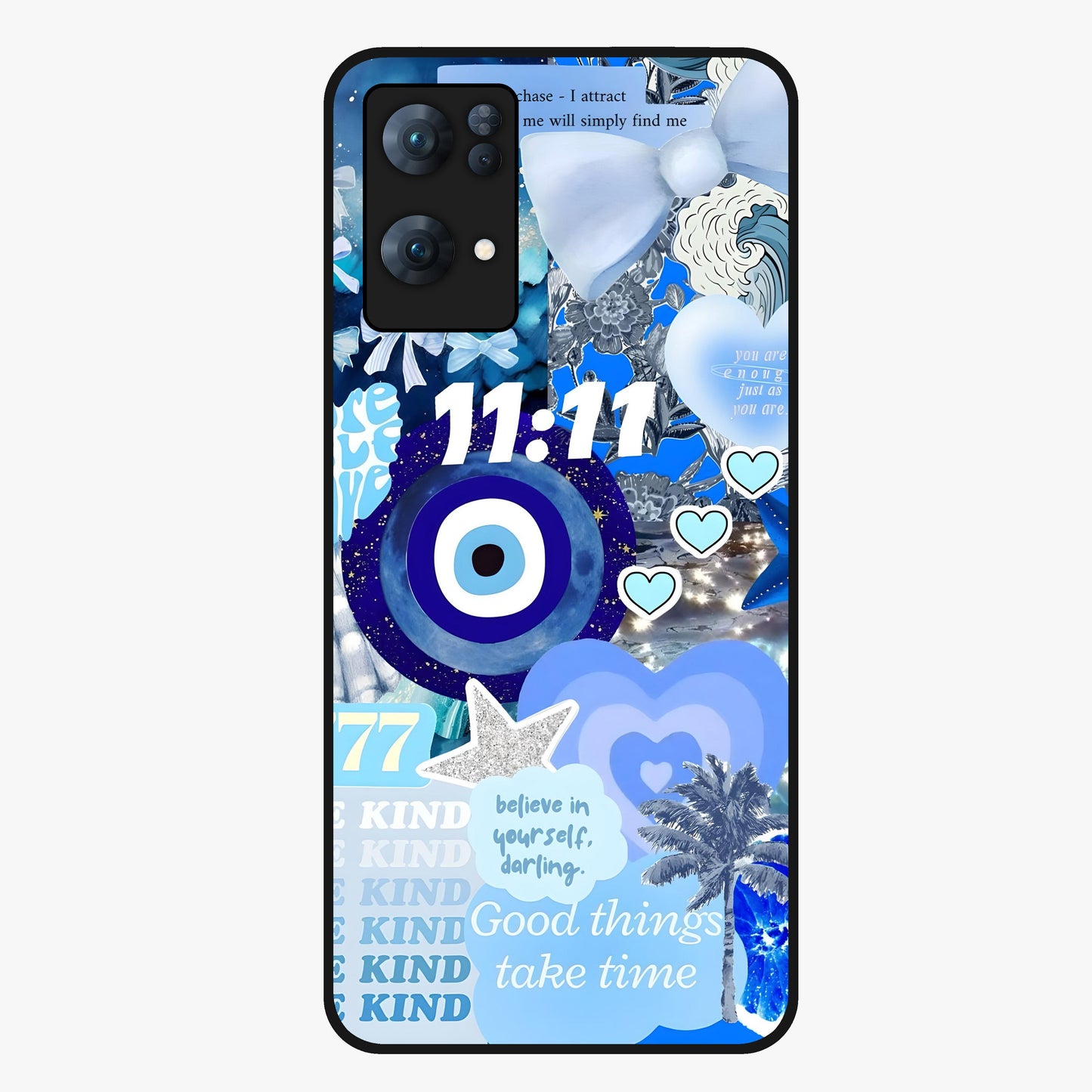 Aesthetic Be Kind Eye Glass Case showing flat back view with motivational eye artwork and glossy glass finish.