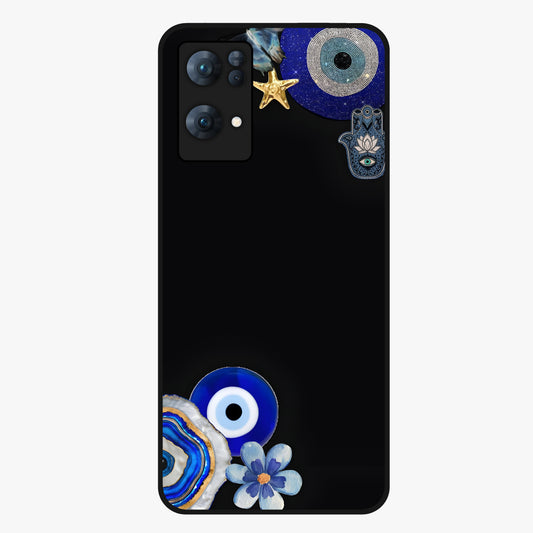 Aesthetic Blue Evil Eye Glass Case showing flat back view with protective evil eye artwork and glossy glass finish.