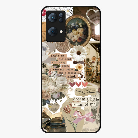 Aesthetic Brown Vintage Collage Glass Case showing flat back view with retro collage artwork and glossy glass finish.