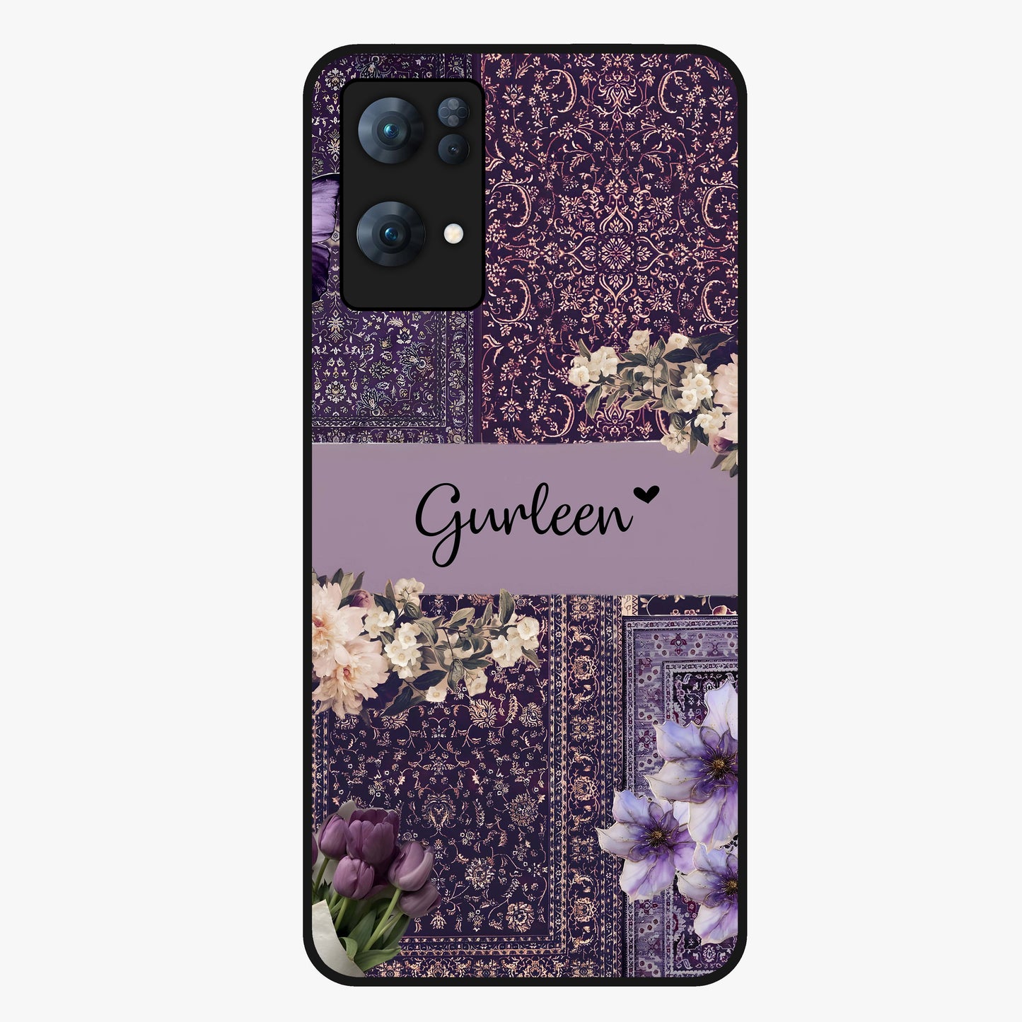 Antique Floral Whisper Custom Name Glass Case showing flat back view with vintage floral artwork and personalized name design.