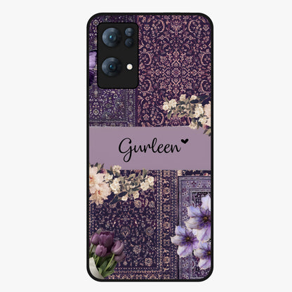 Antique Floral Whisper Custom Name Glass Case showing flat back view with vintage floral artwork and personalized name design.