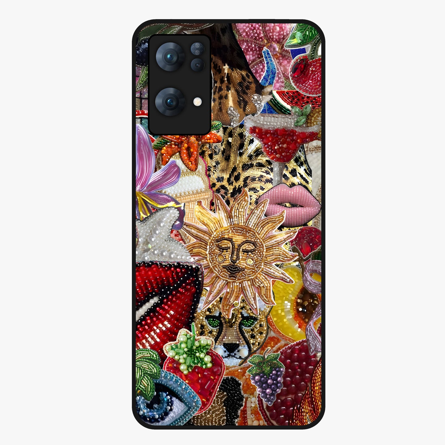 Beaded Fashion Jungle Glass Case showing flat back view with vibrant jungle inspired bead artwork and glossy glass finish.