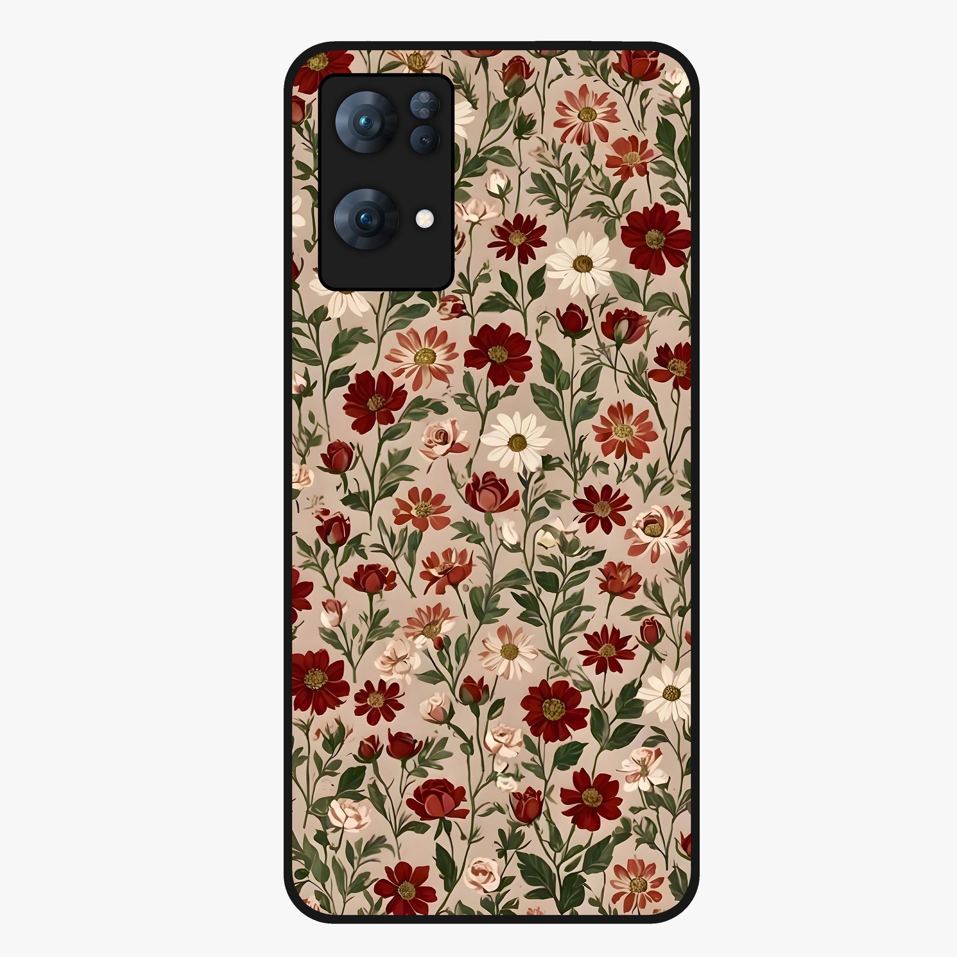 Biege Flower With Leaf Glass Case showing flat back view with soft beige floral artwork and glossy glass finish.