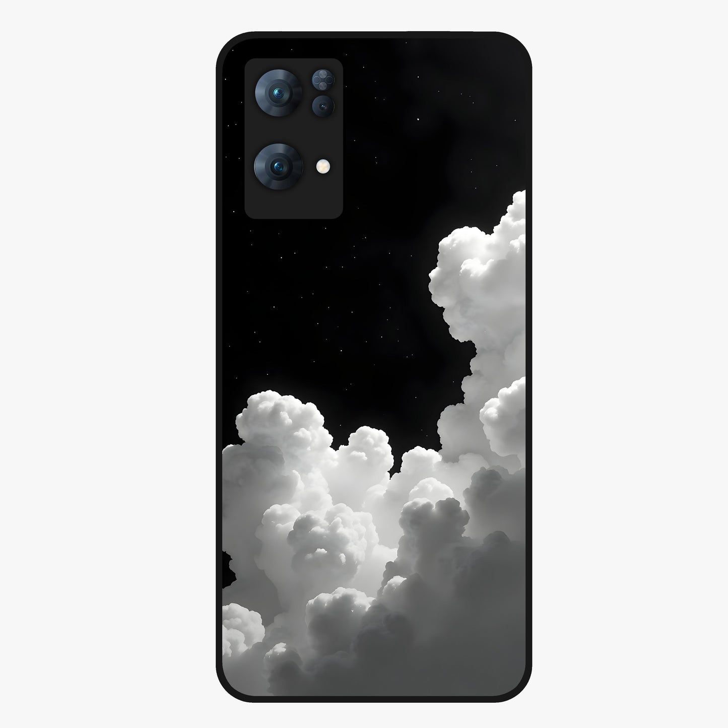 Black Background With White Cloud Glass Case showing flat back view with minimal cloud artwork on dark background and glossy glass finish.