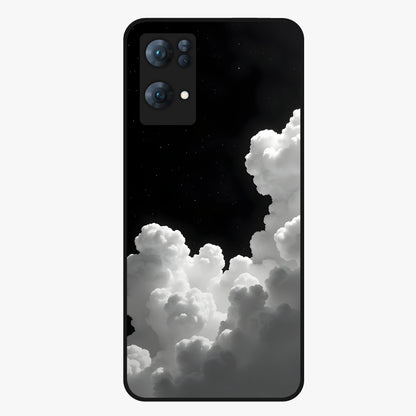 Black Background With White Cloud Glass Case showing flat back view with minimal cloud artwork on dark background and glossy glass finish.
