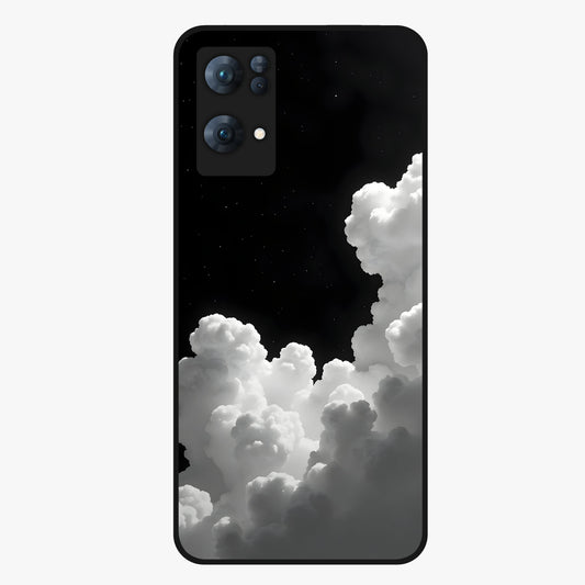 Black Background With White Cloud Glass Case showing flat back view with minimal cloud artwork on dark background and glossy glass finish.