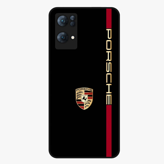 Black Minimal Porsche Glass Case showing flat back view with sleek minimal sports car artwork and glossy glass finish.