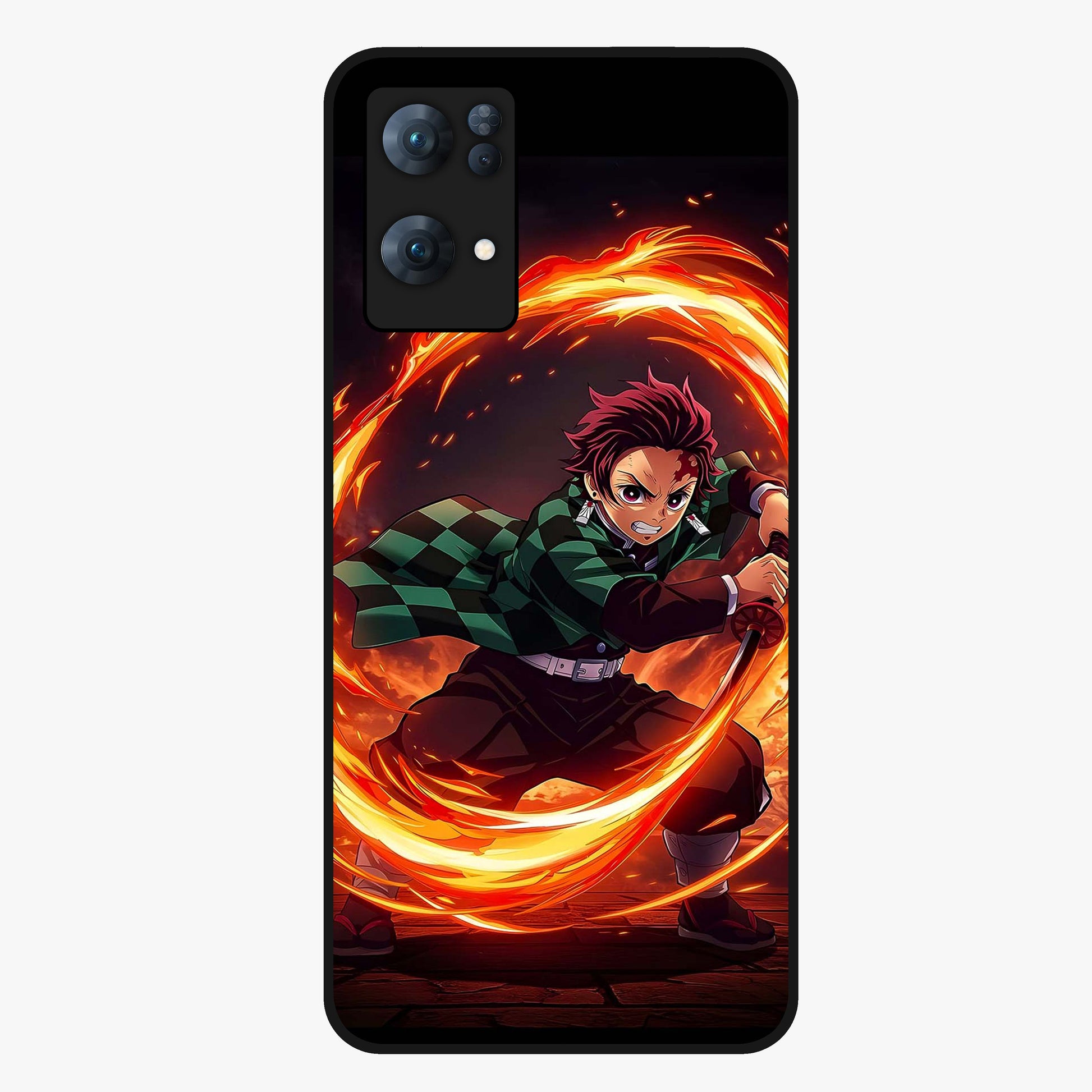 Blazing Sword Resolve Glass Case showing flat back view with fiery sword artwork and glossy glass finish.