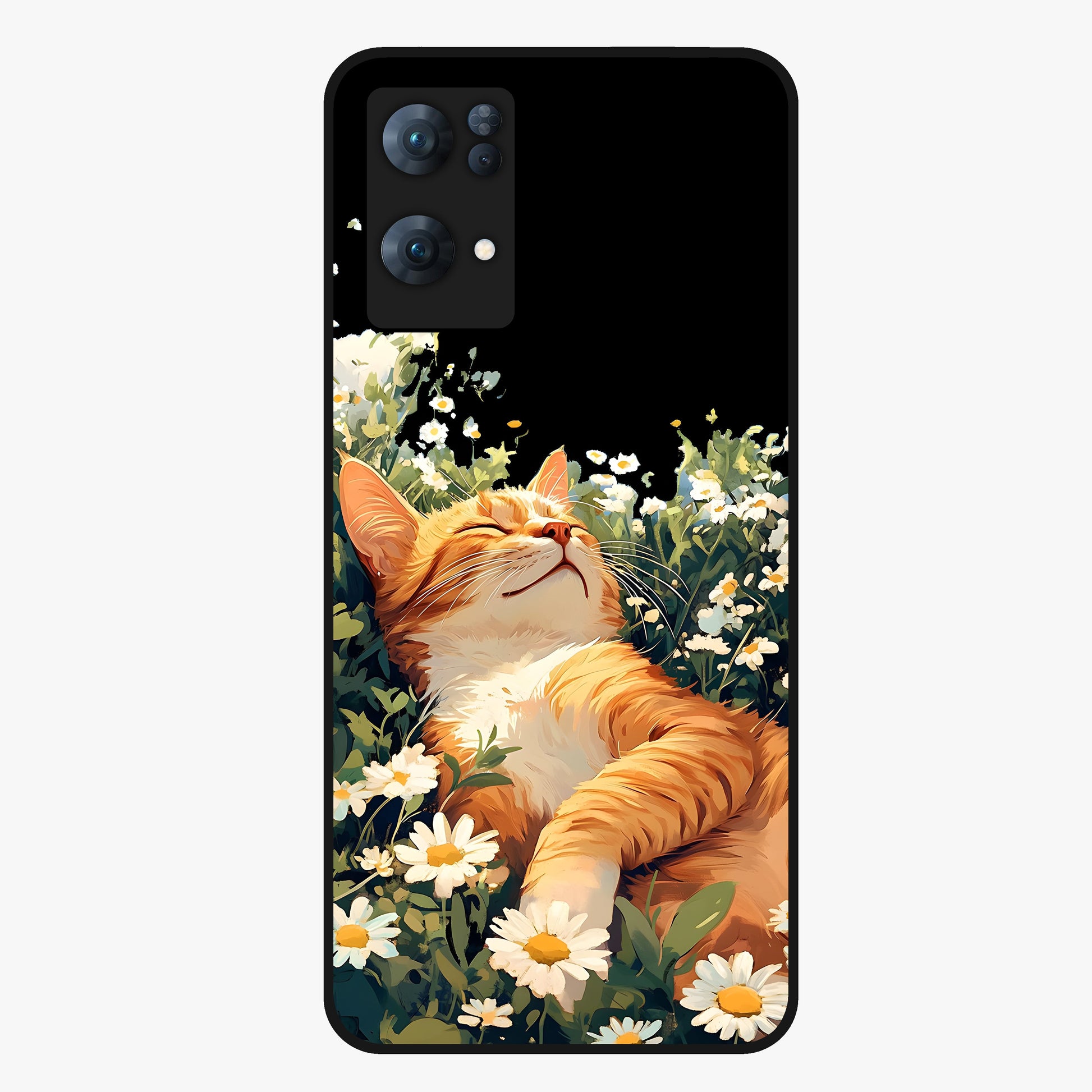 Blissful Bloom Cat Glass Case showing flat back view with cute cat and floral bloom artwork and glossy glass finish.