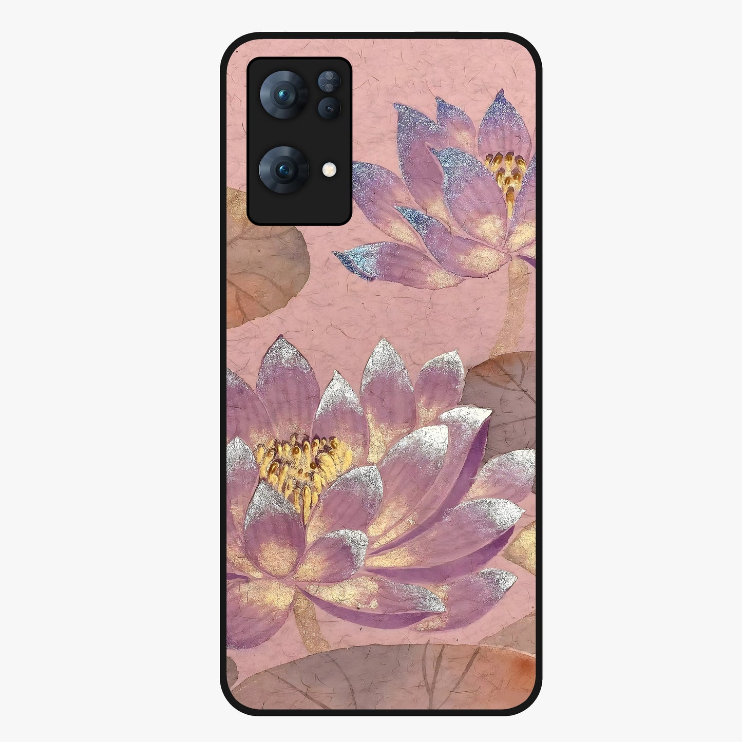 Blossom Mist Lotus Glass Case showing flat back view with serene lotus blossom artwork and glossy glass finish.