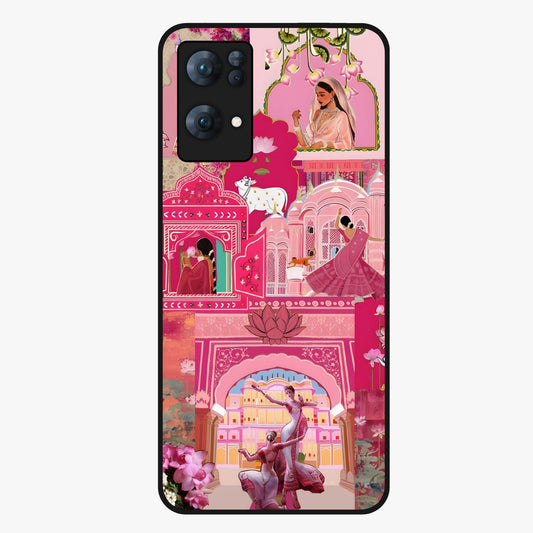 Blossoms of Rajasthan Glass Case showing flat back view with traditional floral artwork inspired by Rajasthan and glossy glass finish.