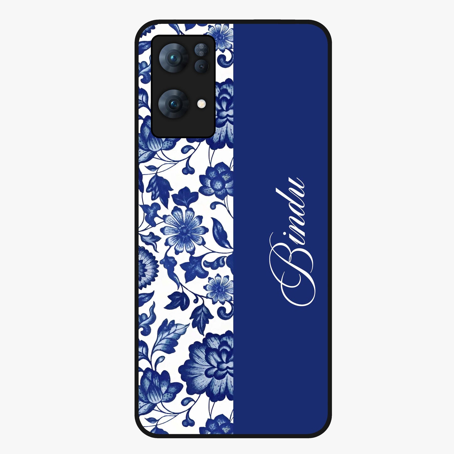 Blue Vintage Floral Pattern Glass Case upright view showcasing timeless floral illustration with vintage inspired style.