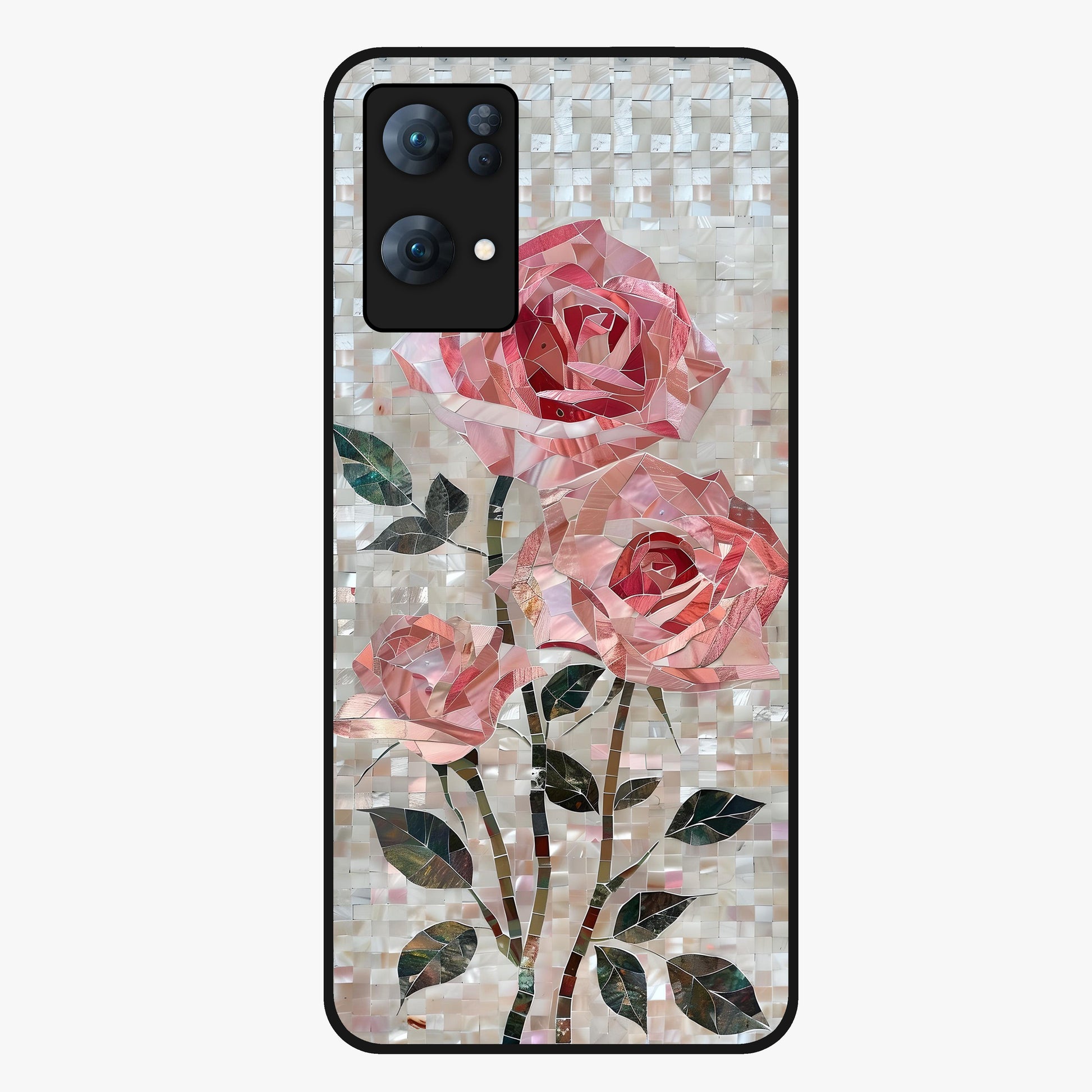 Blush Mosaic Bloom Glass Case showing flat back view with mosaic floral bloom artwork and glossy glass finish.