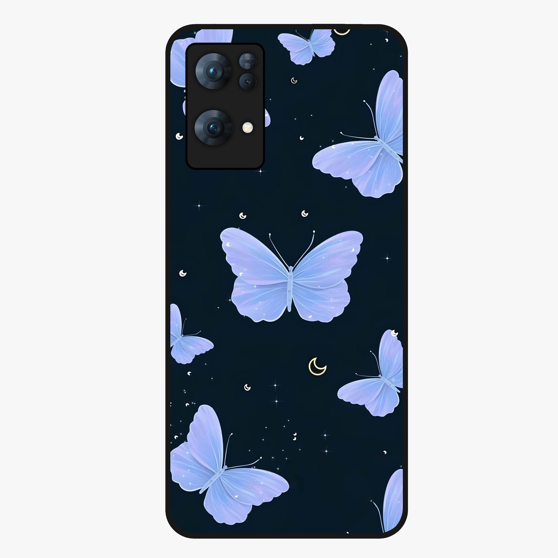Butterfly With Stars Pattern Glass Case showing flat back view with butterfly and star pattern artwork and glossy glass finish.