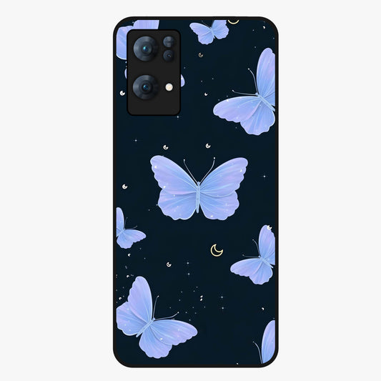 Butterfly With Stars Pattern Glass Case showing flat back view with butterfly and star pattern artwork and glossy glass finish.