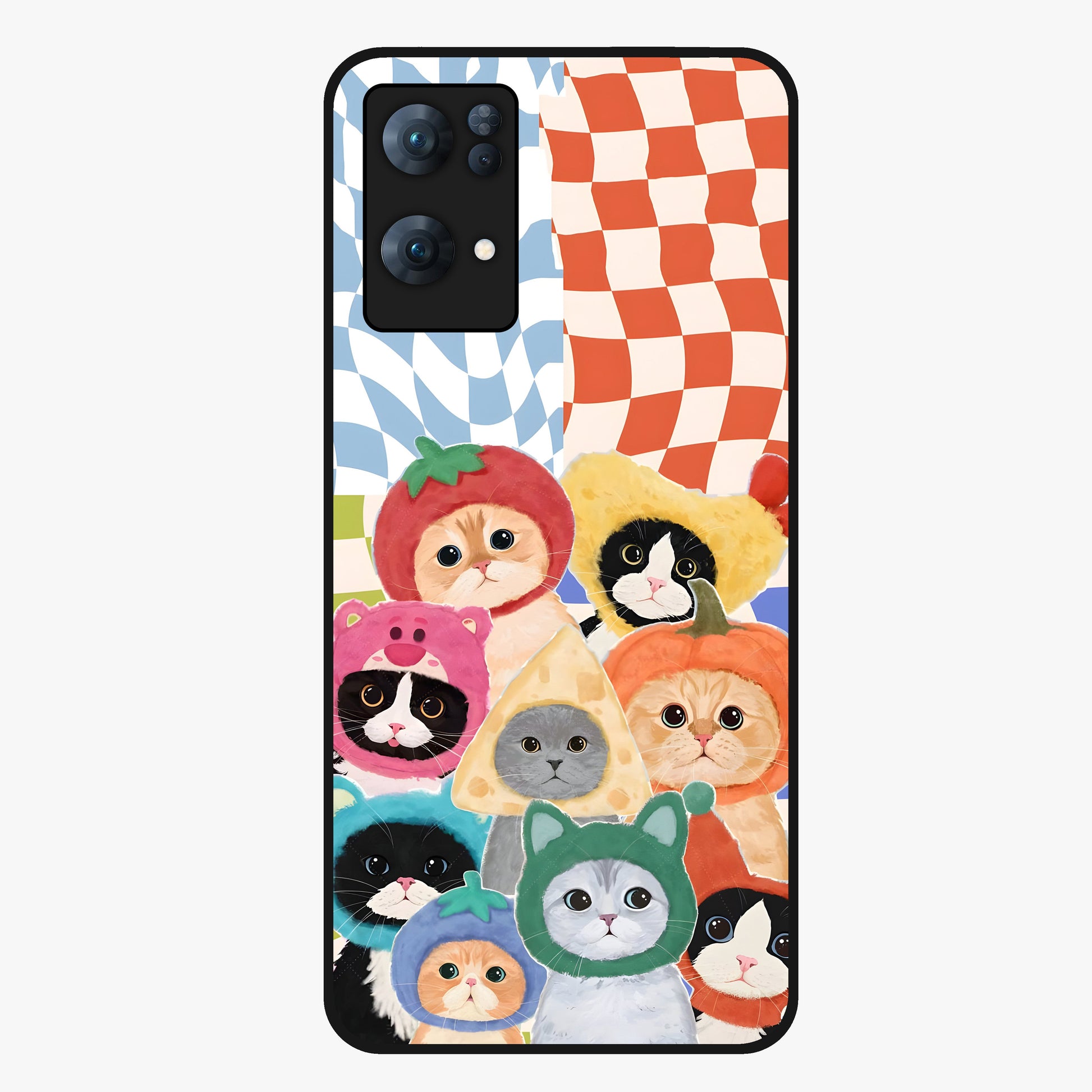 Cats in Fruits Glass Case showing flat back view with playful cat illustrations inside fruit artwork and glossy glass finish.