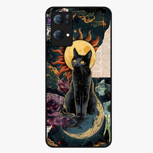 Celestial Black Cat Glass Case showing flat back view with mystical black cat artwork and glossy glass finish.