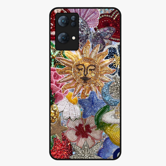 Celestial Floral and Playful Glass Case showing flat back view with floral and celestial themed artwork and glossy glass finish.