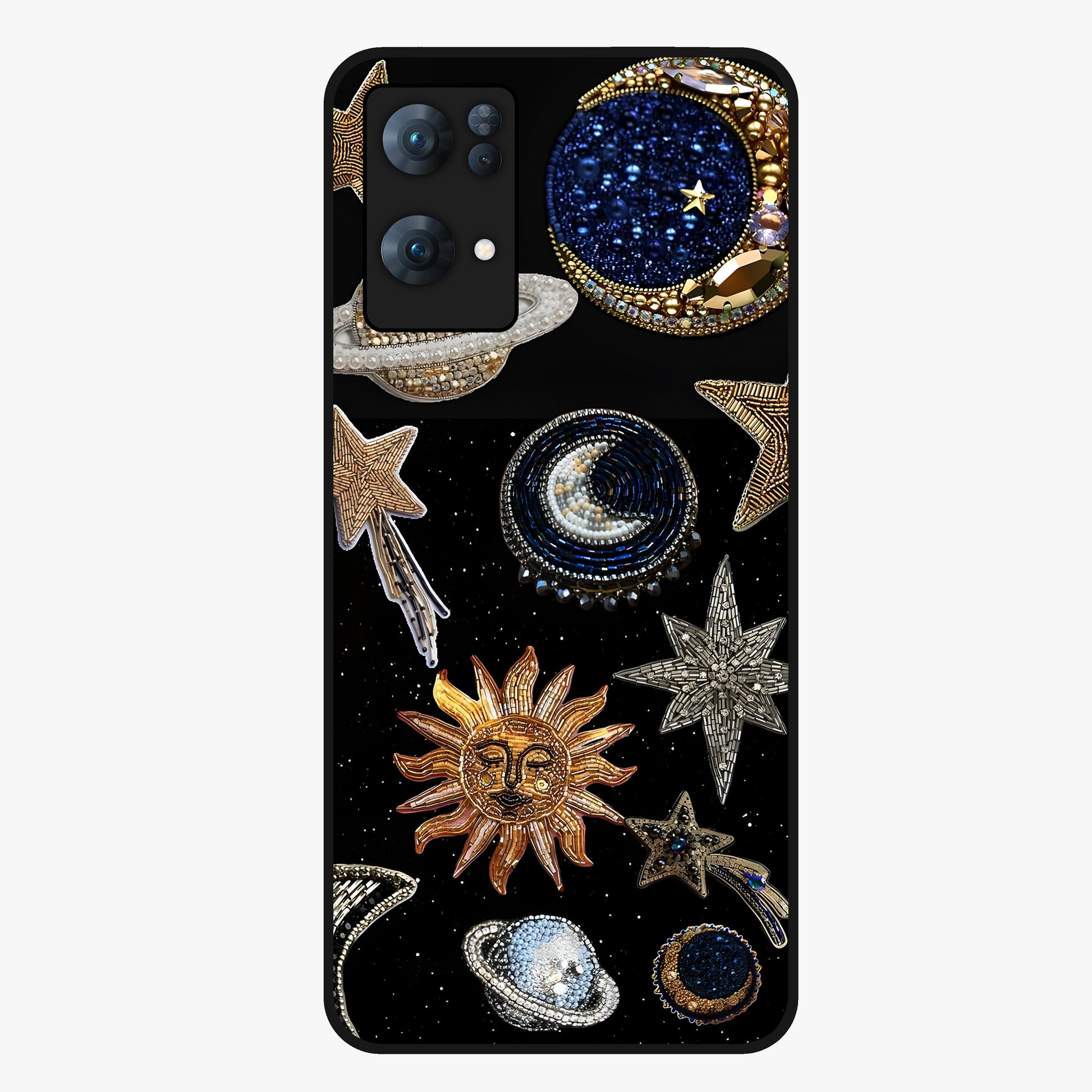 Celestial Gem Constellations Glass Case showing flat back view with sparkling constellation artwork and glossy glass finish.
