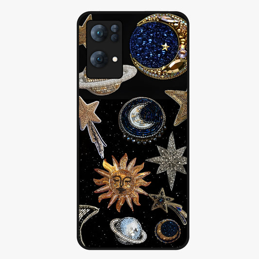 Celestial Gem Constellations Glass Case showing flat back view with sparkling constellation artwork and glossy glass finish.