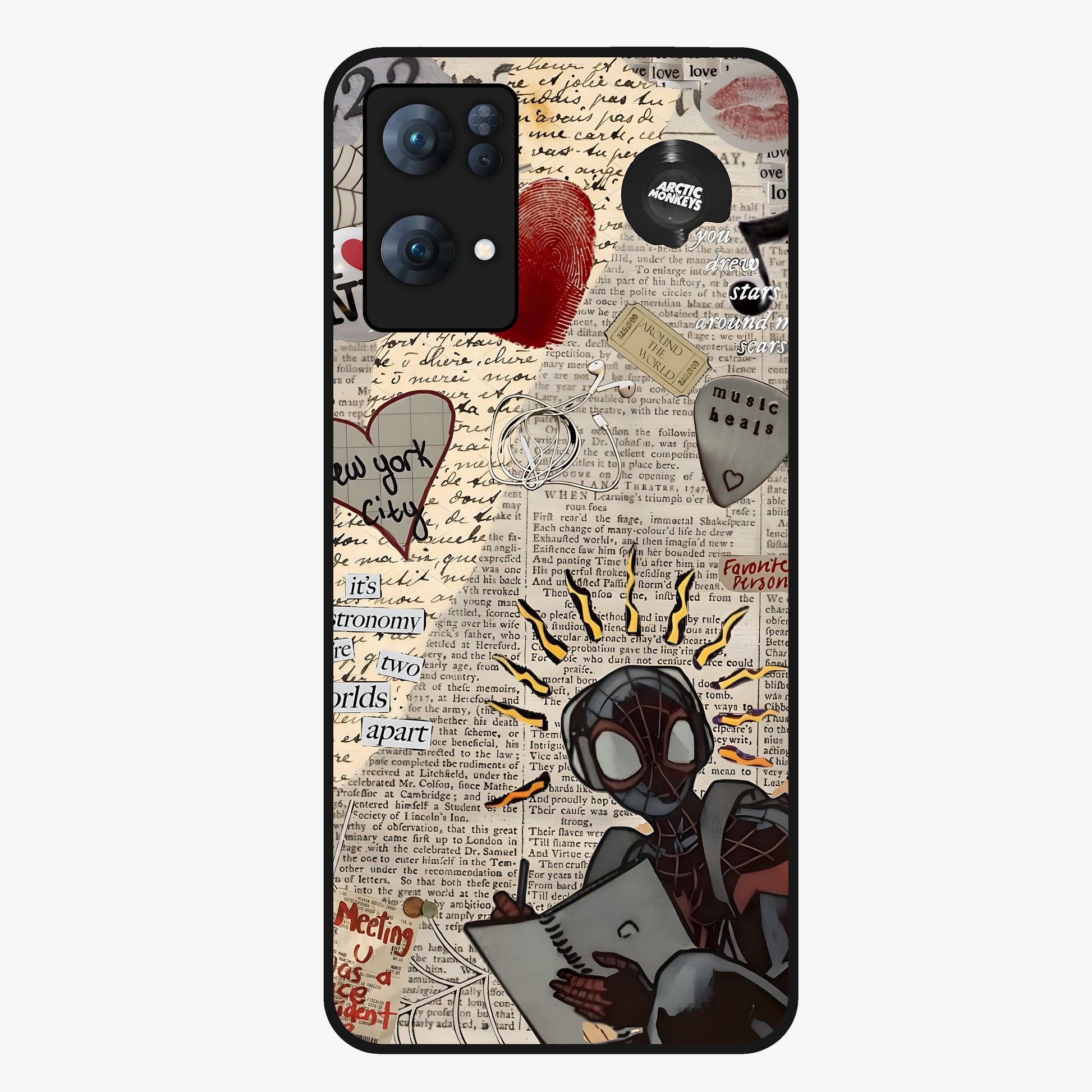 City Dream Sketch Glass Case showing flat back view with artistic city skyline sketch artwork and glossy glass finish.