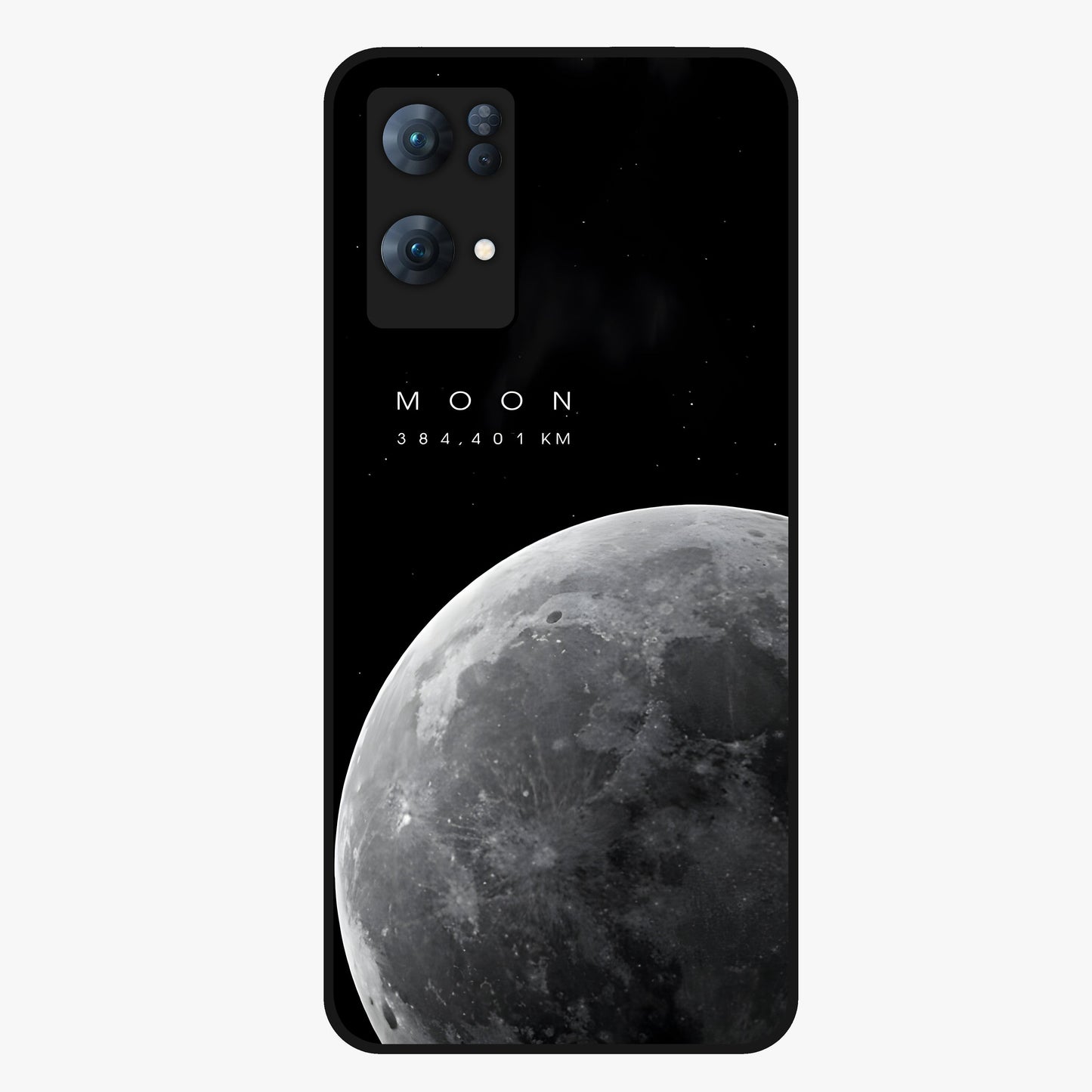 Cosmic Moon Glow Glass Case showing flat back view with glowing moon artwork and glossy glass finish.