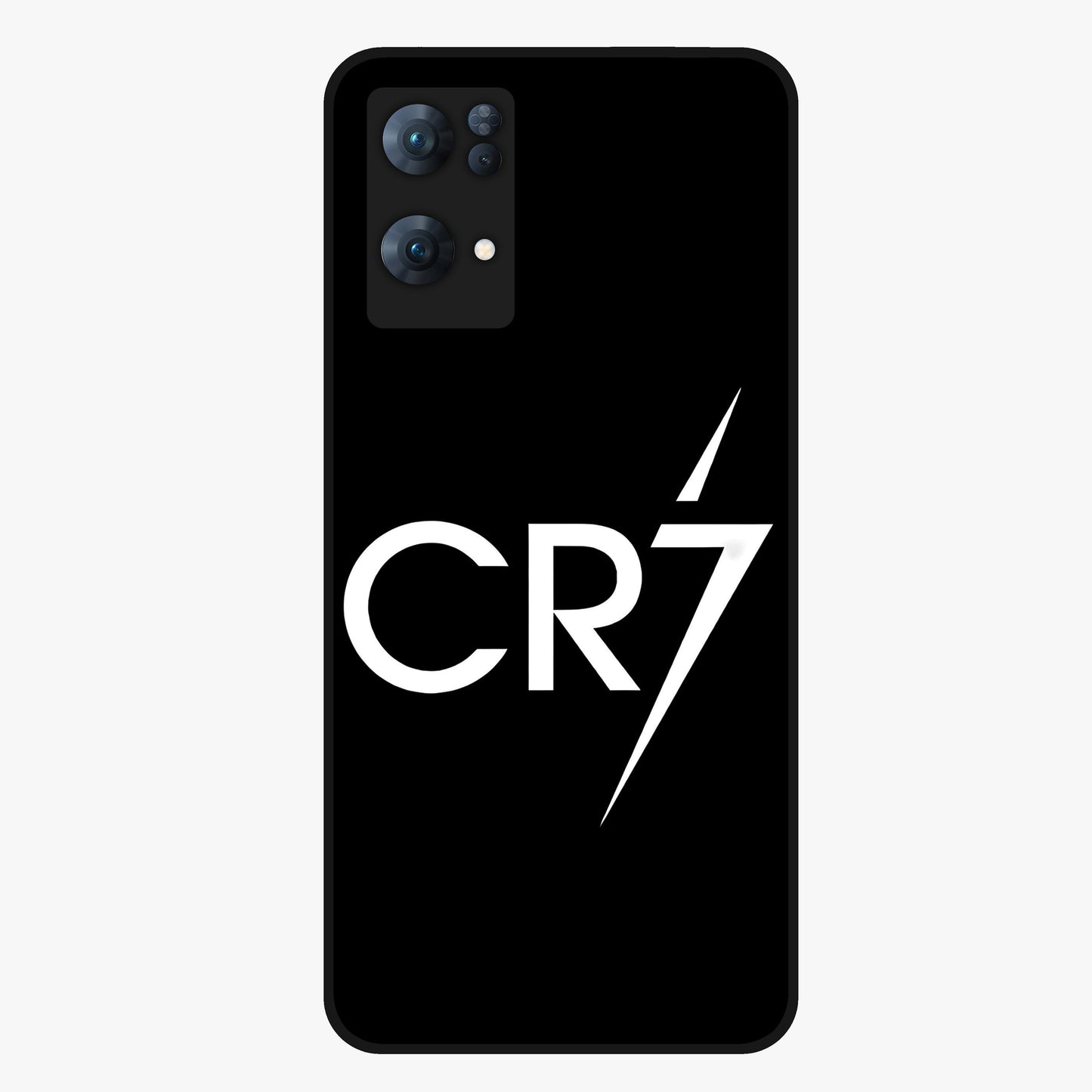 Cr7 Elite Strike Glass Case showing flat back view with dynamic football inspired artwork and glossy glass finish.