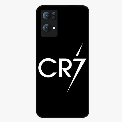 Cr7 Elite Strike Glass Case showing flat back view with dynamic football inspired artwork and glossy glass finish.