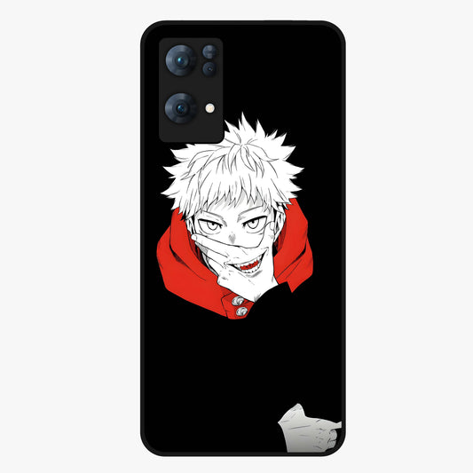 Crimson Chaos Smile Glass Case showing flat back view with bold chaotic smile artwork and glossy glass finish.