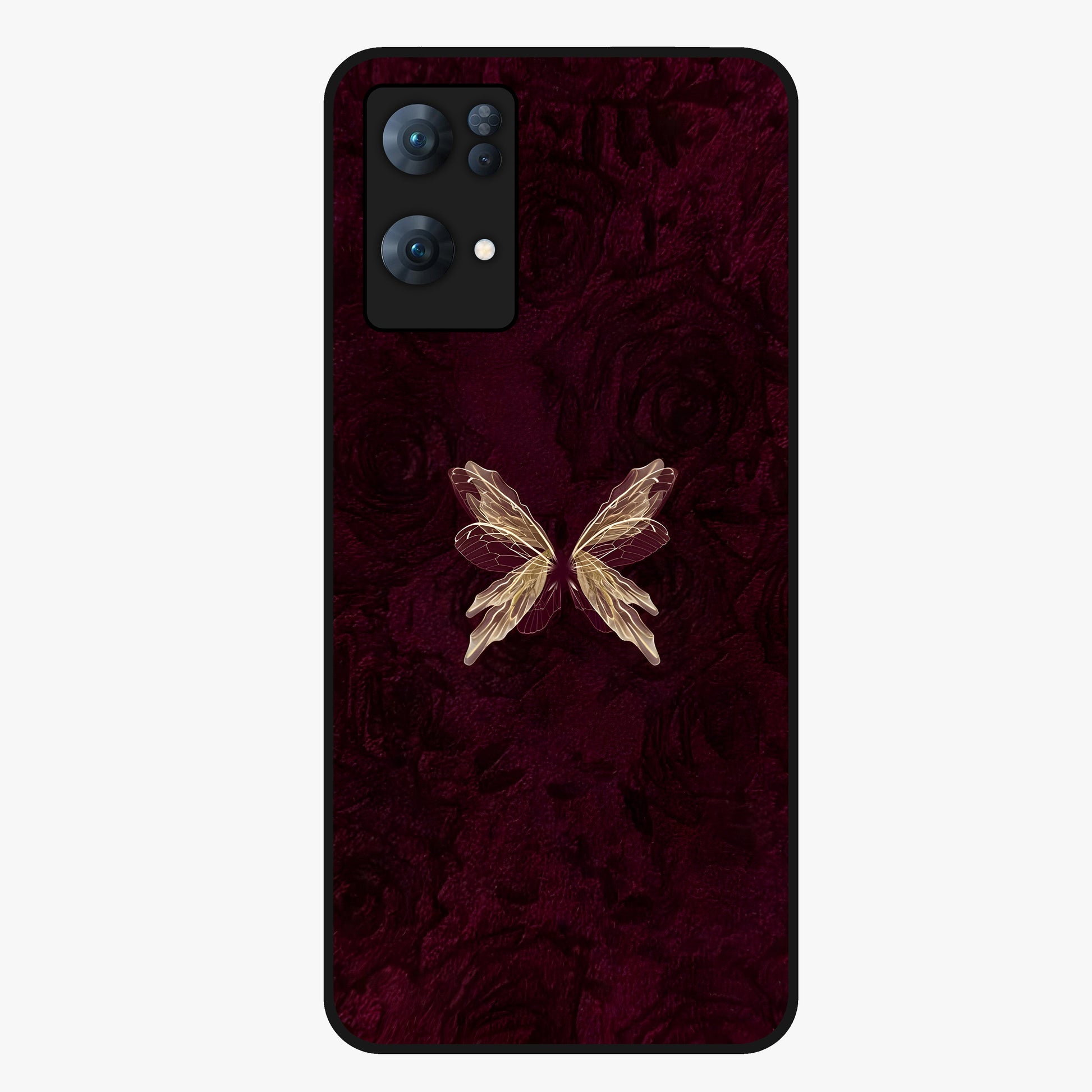 Crimson Fade Butterfly Glass Case showing flat back view with fading butterfly artwork and glossy glass finish.