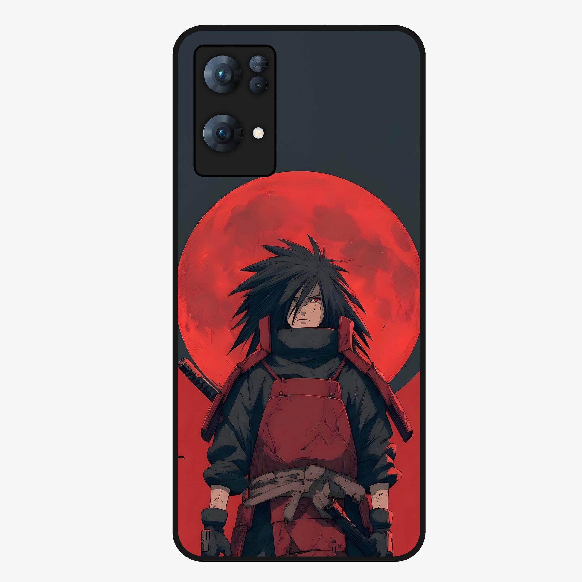 Crimson Moon Warlord Glass Case showing flat back view with mystical moon warrior artwork and glossy glass finish.