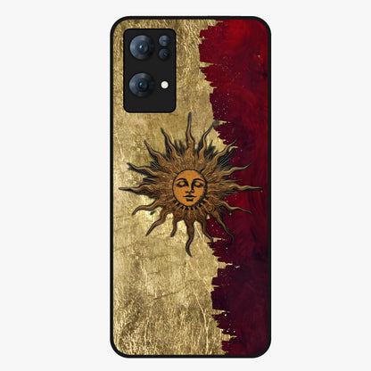 Crimson Sun Majesty Glass Case showing flat back view with radiant sun inspired artwork and glossy glass finish.