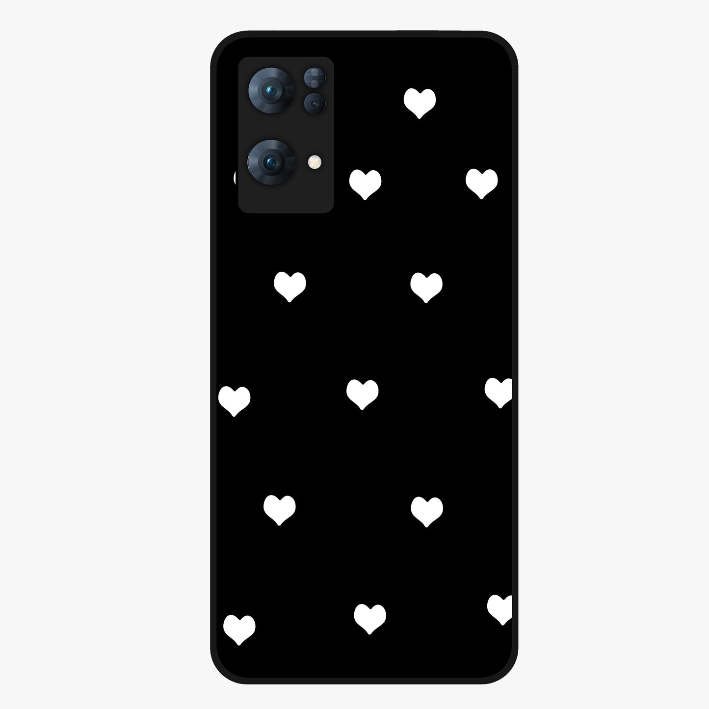 Cute And Simple White Hearts Glass Case showing flat back view with minimal white heart pattern and glossy glass finish.