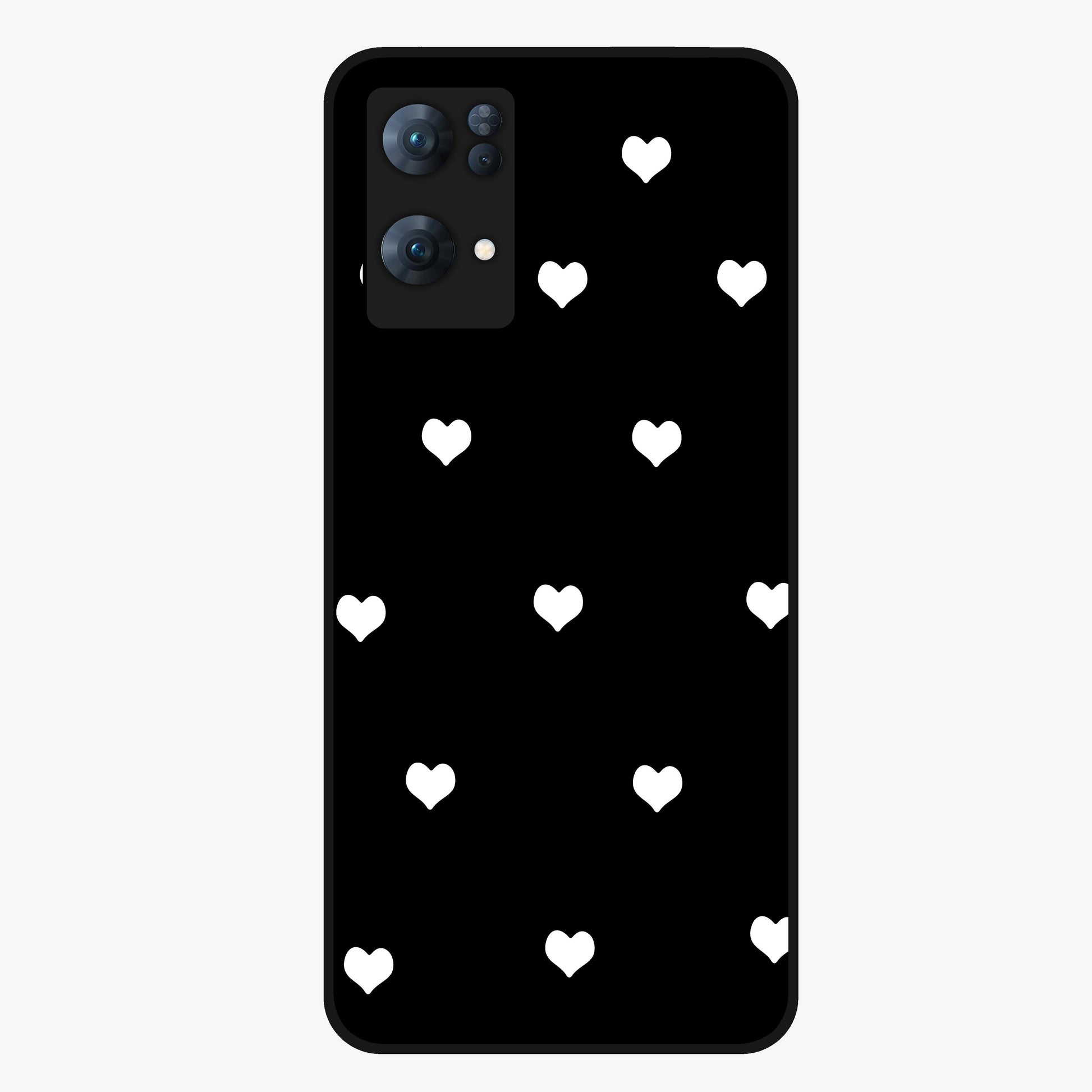 Cute And Simple White Hearts Glass Case showing flat back view with minimal white heart pattern and glossy glass finish.