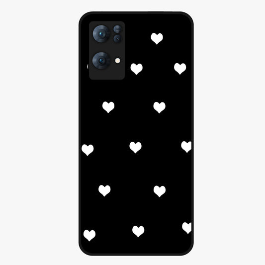 Cute And Simple White Hearts Glass Case showing flat back view with minimal white heart pattern and glossy glass finish.