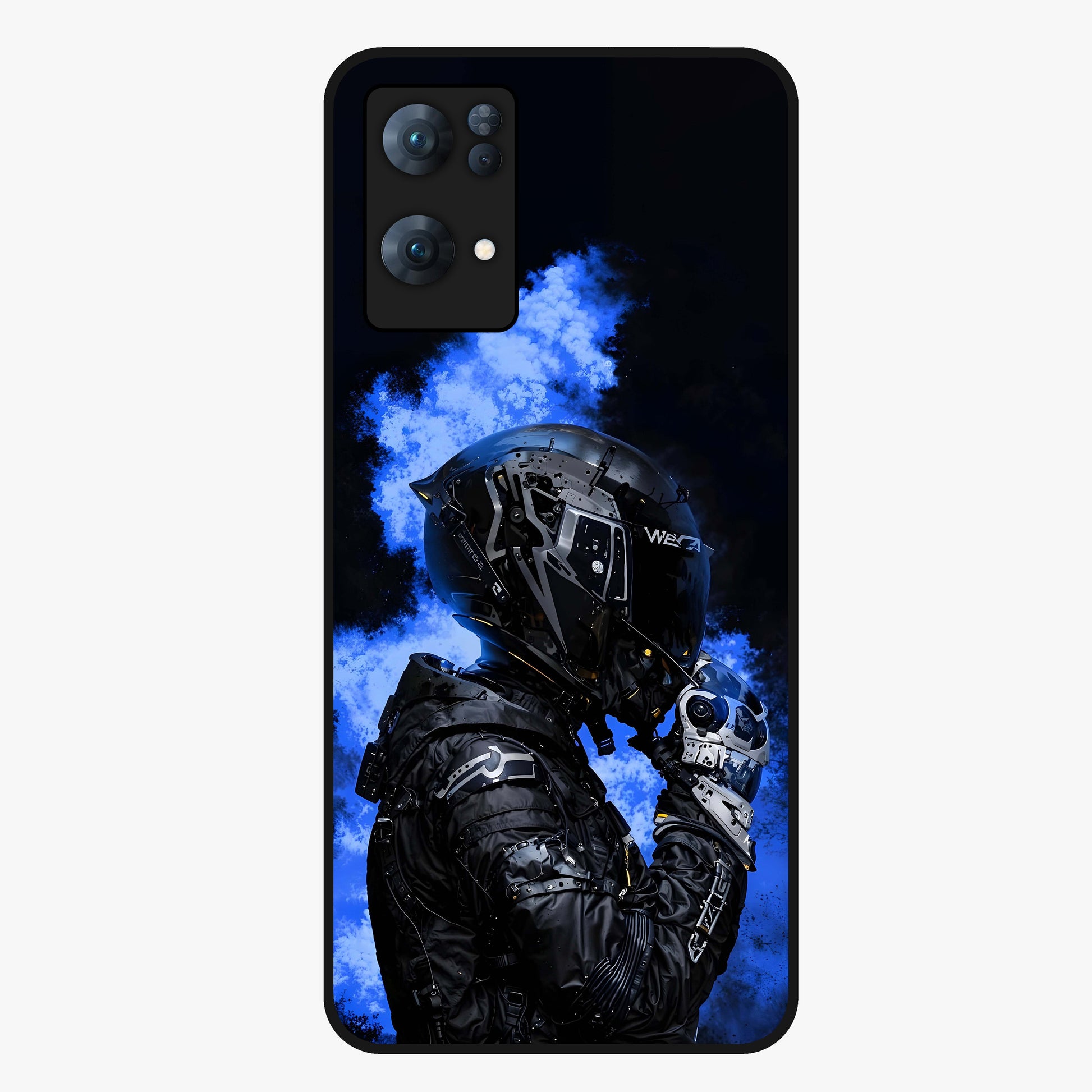 Cyber Sentinel Protocol Glass Case showing flat back view with futuristic cyber themed artwork and glossy glass finish.