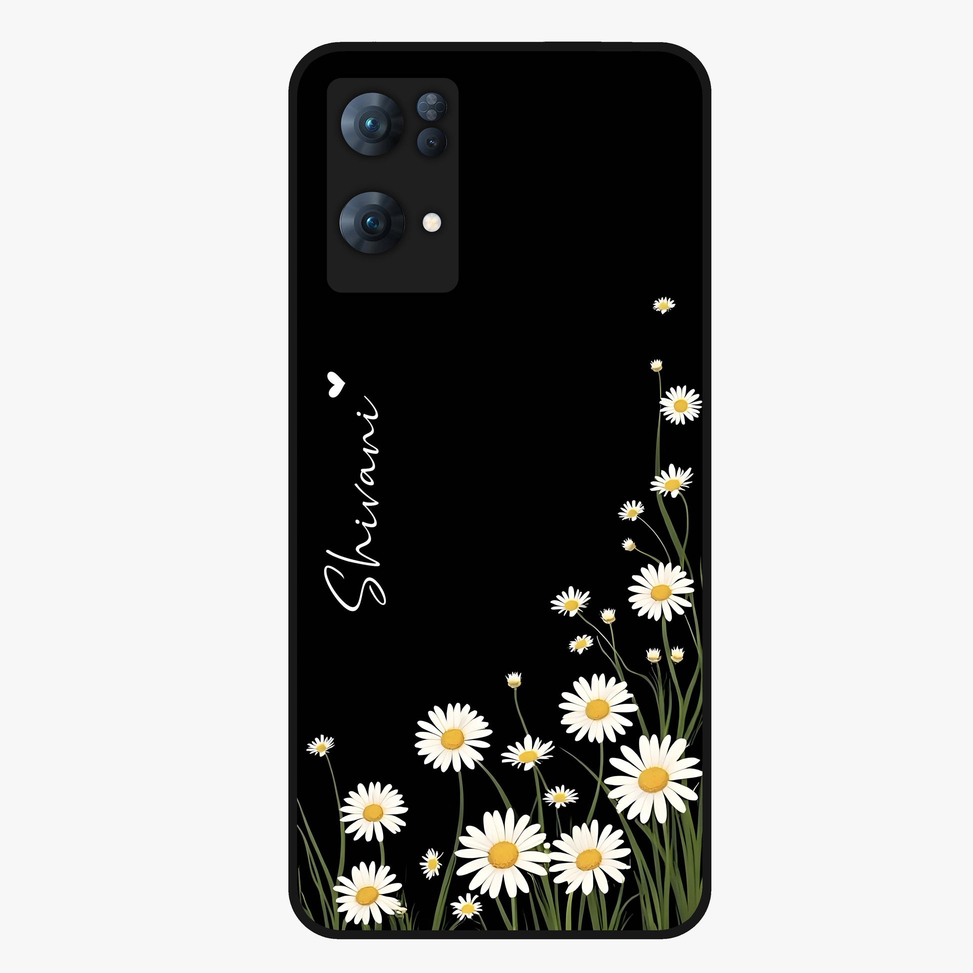 Daisy Cascade Custom Name Glass Case showing flat back view with cascading daisy flowers and personalized name design.
