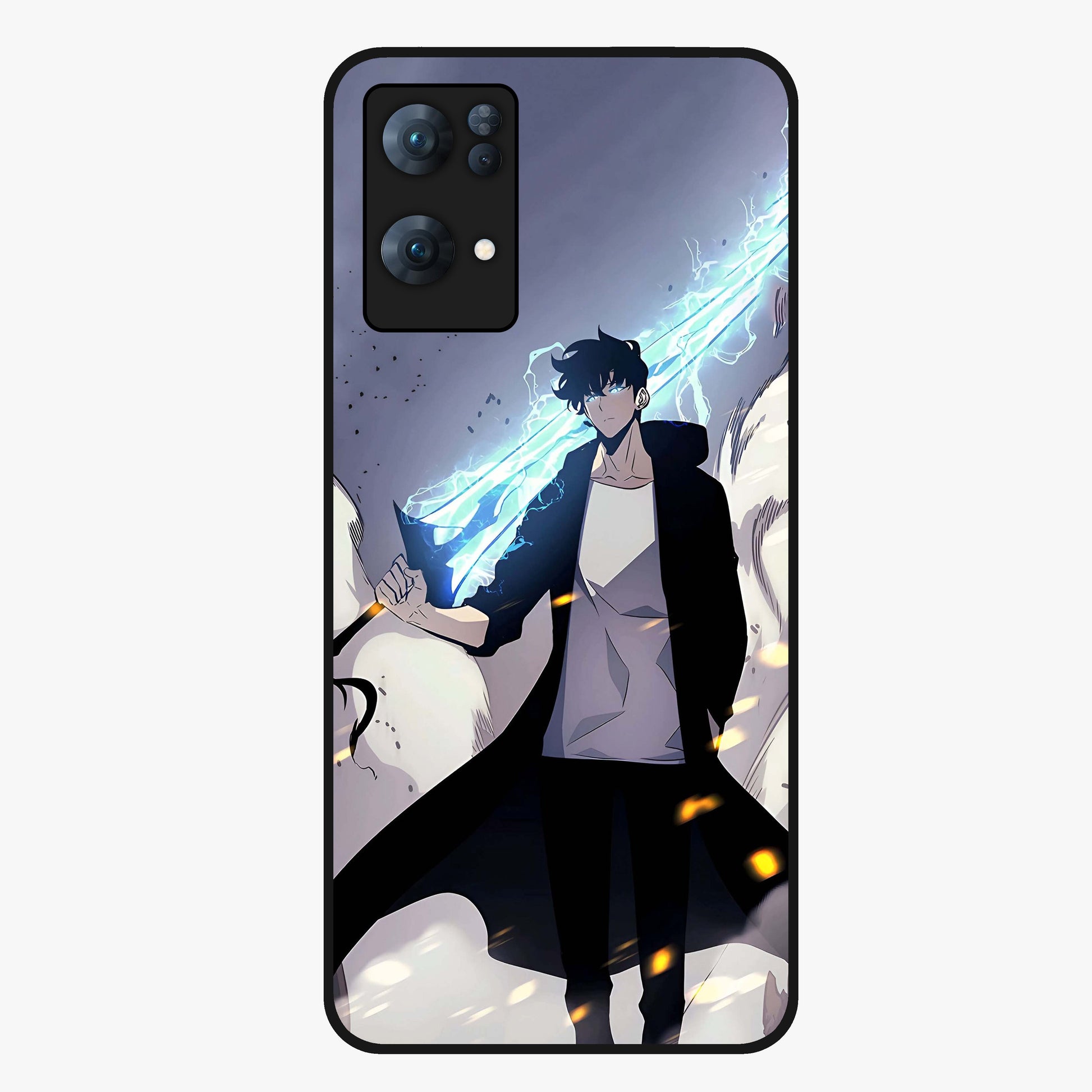 Dark Lightning Anime Warrior Glass Case showing flat back view with intense anime warrior artwork and glossy glass finish.