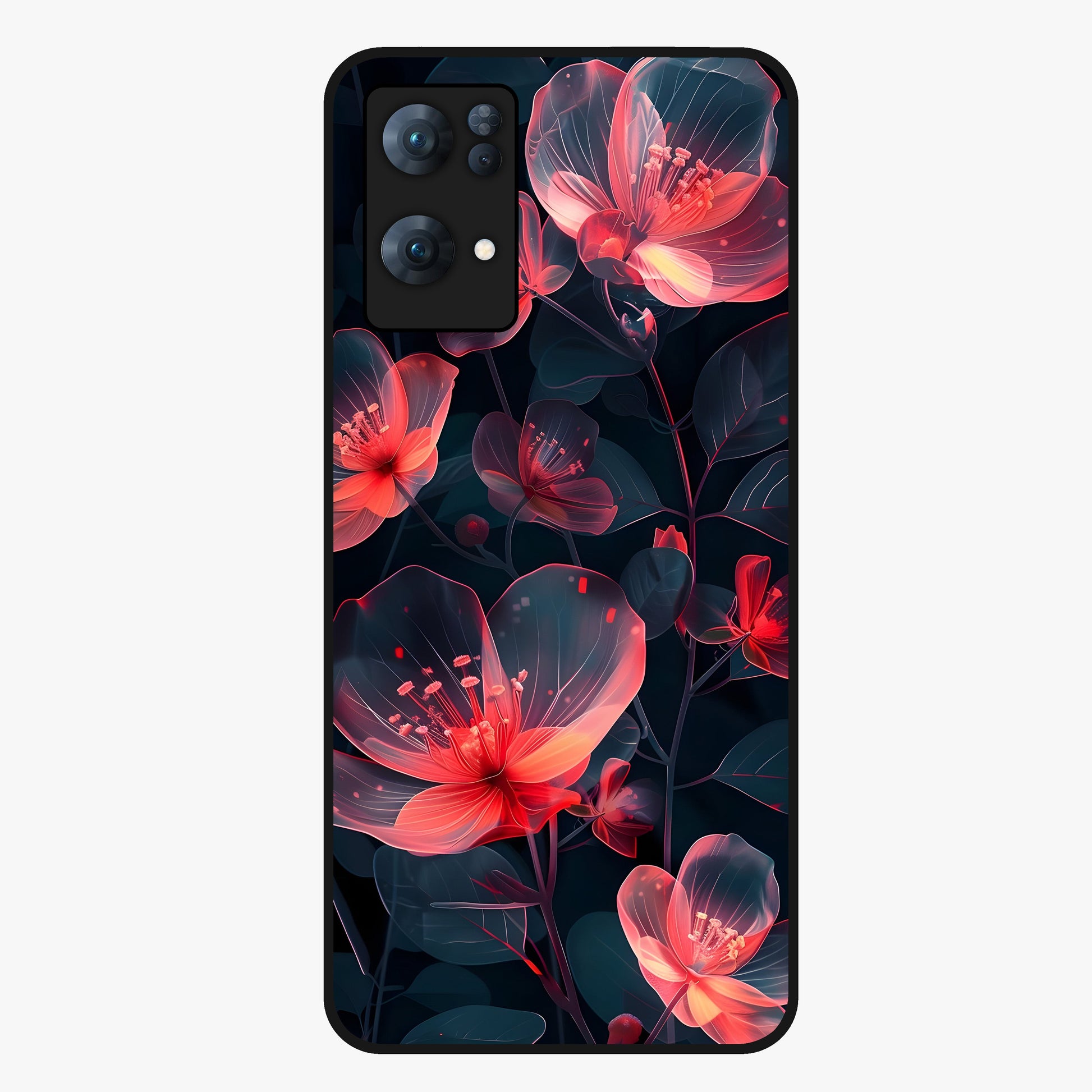 Dark Shade of Flower Glass Case showing flat back view with elegant dark floral artwork and glossy glass finish.