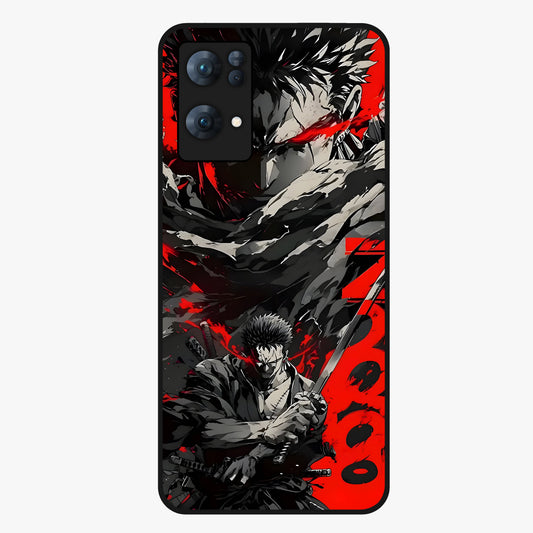 Demon Sword Resolve Glass Case showing flat back view with fierce sword warrior artwork and glossy glass finish.