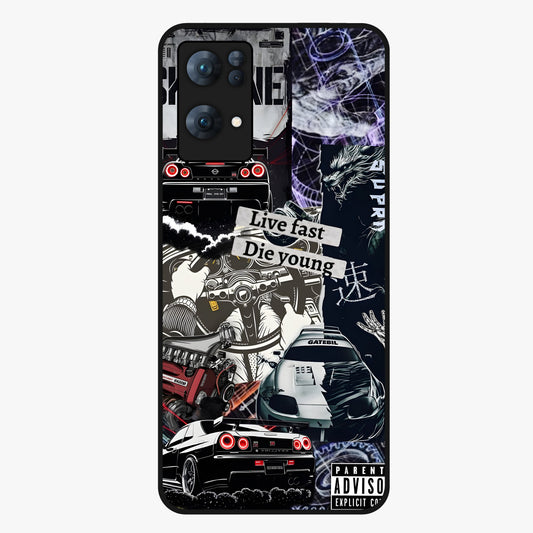 Die Young Glass Case showing flat back view with bold artistic typography design and glossy glass finish.
