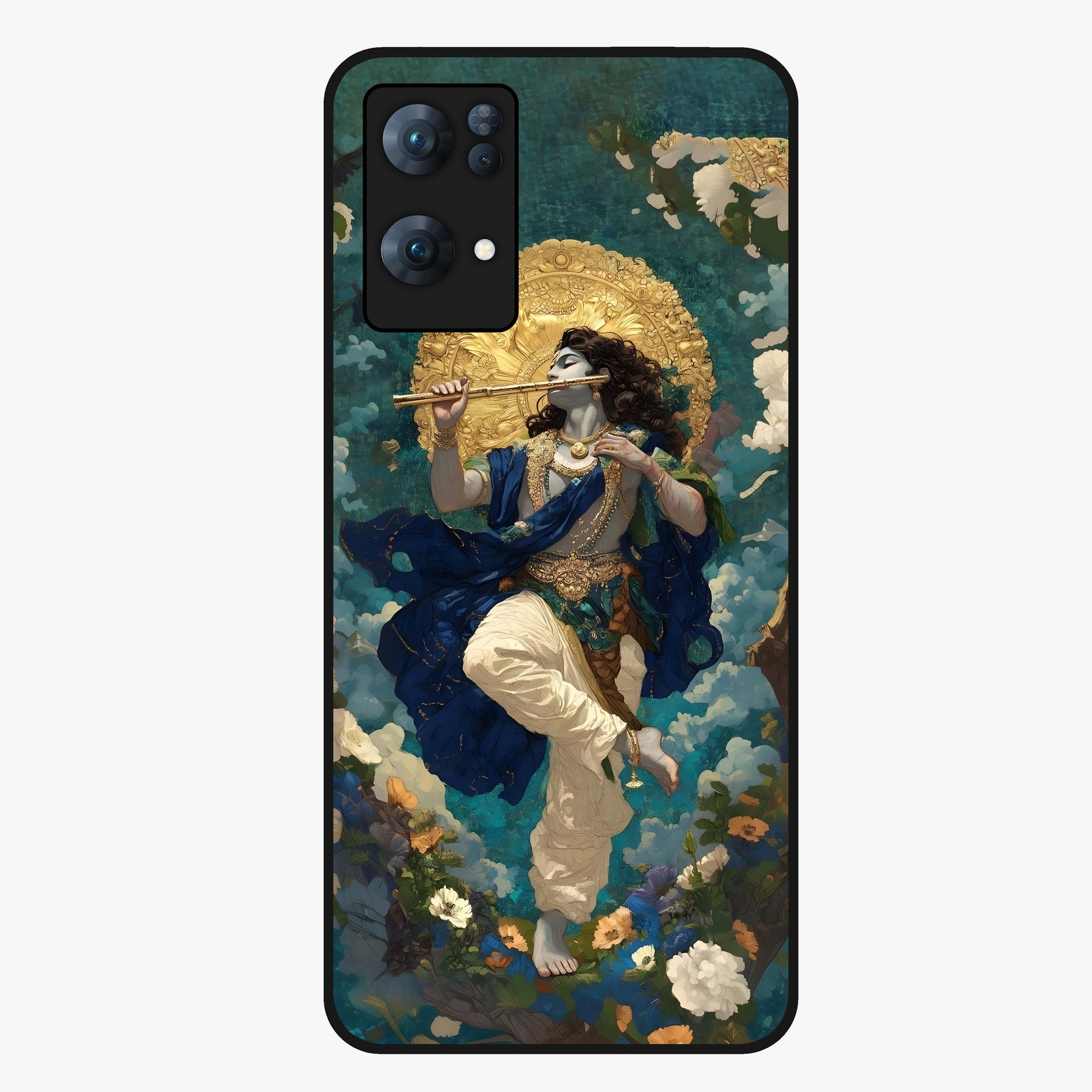 Divine Krishna Art Glass Case showing flat back view with Lord Krishna artwork and glossy glass finish.