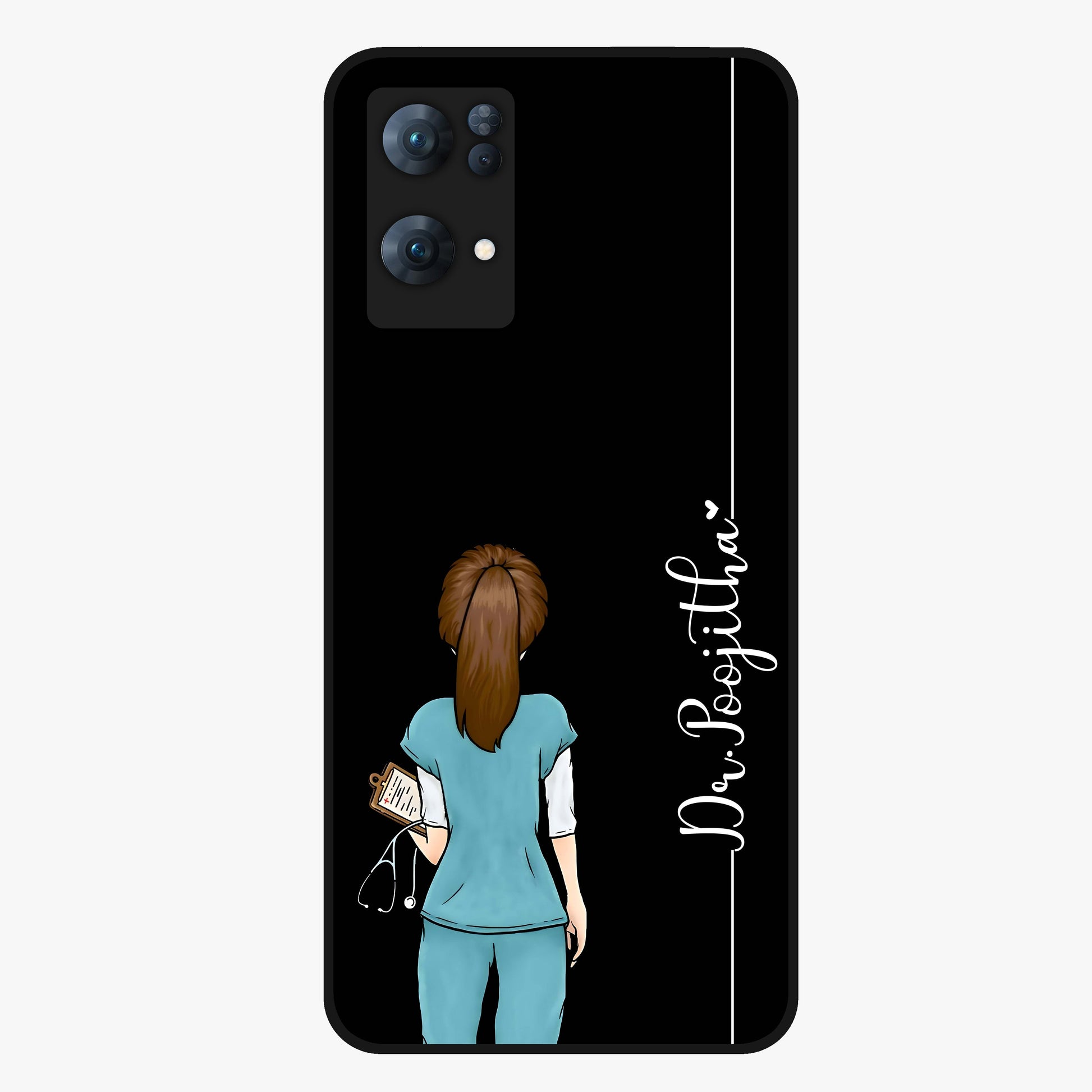 Doctor Pattern Custom Name Glass Case showing flat back view with medical themed pattern and personalized name design.