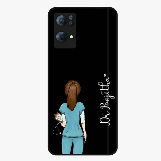 Doctor Pattern Custom Name Glass Case showing flat back view with medical themed pattern and personalized name design.
