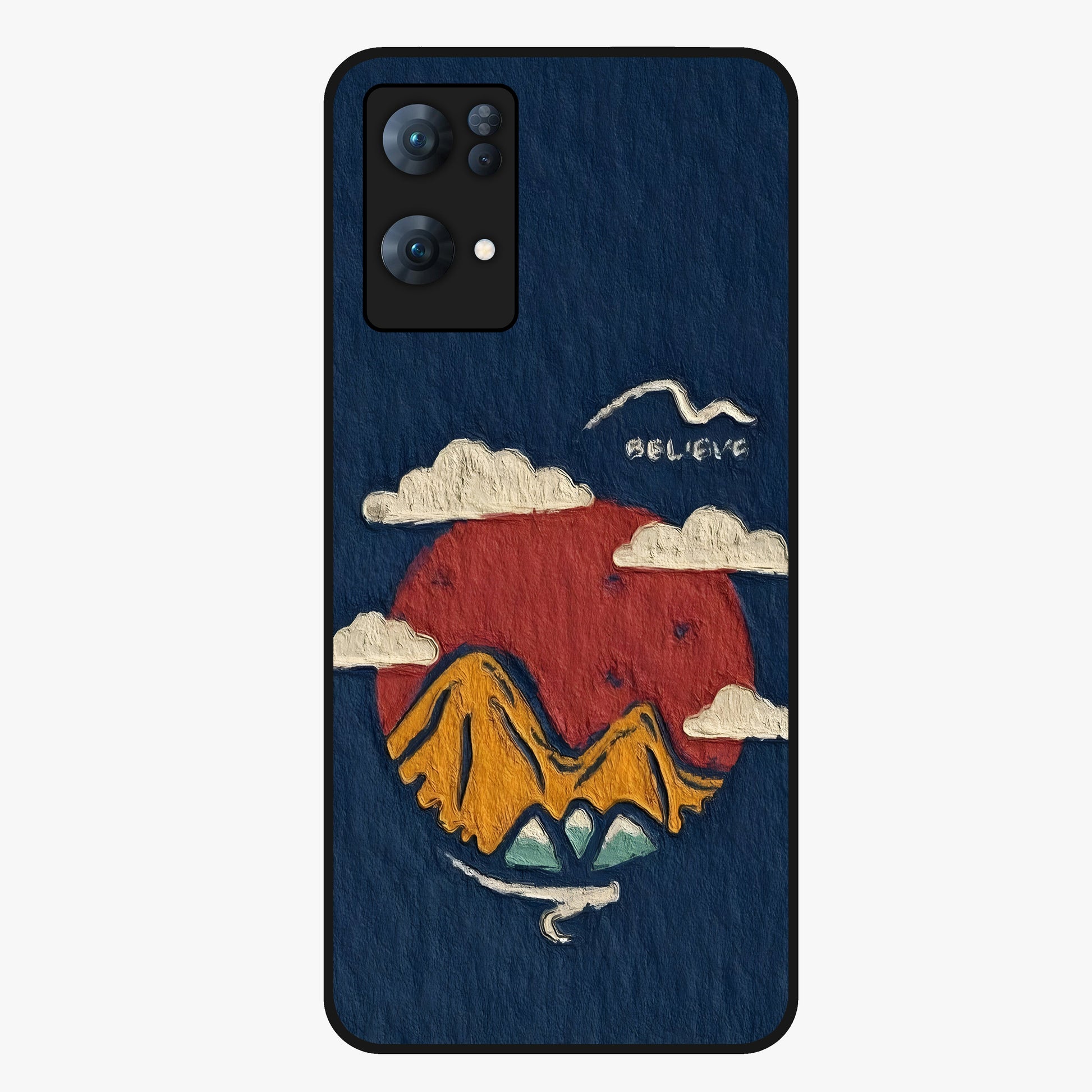 Dream Beyond Mountains Glass Case showing flat back view with scenic mountain landscape artwork and glossy glass finish.
