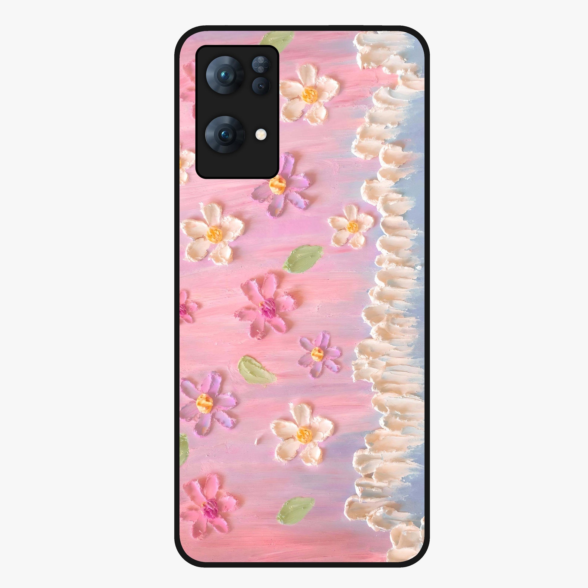 Dreamy Painted Garden Glass Case showing flat back view with artistic painted floral garden artwork and glossy glass finish.