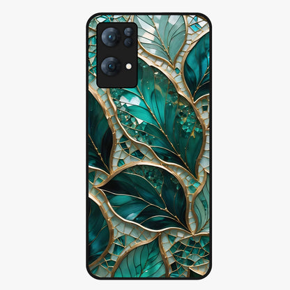 Emerald Leaf Glass Glass Case showing flat back view with emerald green leaf artwork and glossy glass finish.