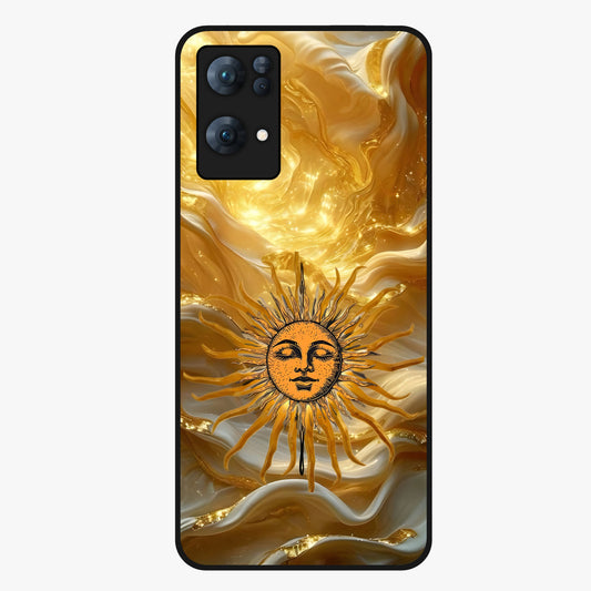 Eternal Golden Glow Glass Case showing flat back view with radiant golden themed artwork and glossy glass finish.