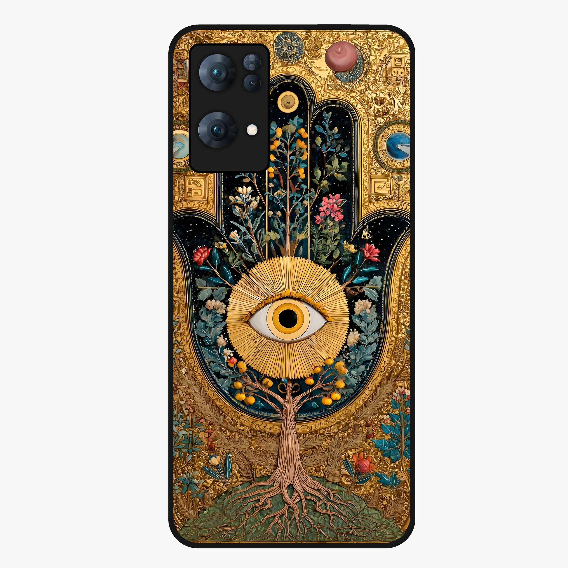 Ethereal Evil Eye Glass Case showing flat back view with mystical evil eye artwork and glossy glass finish.