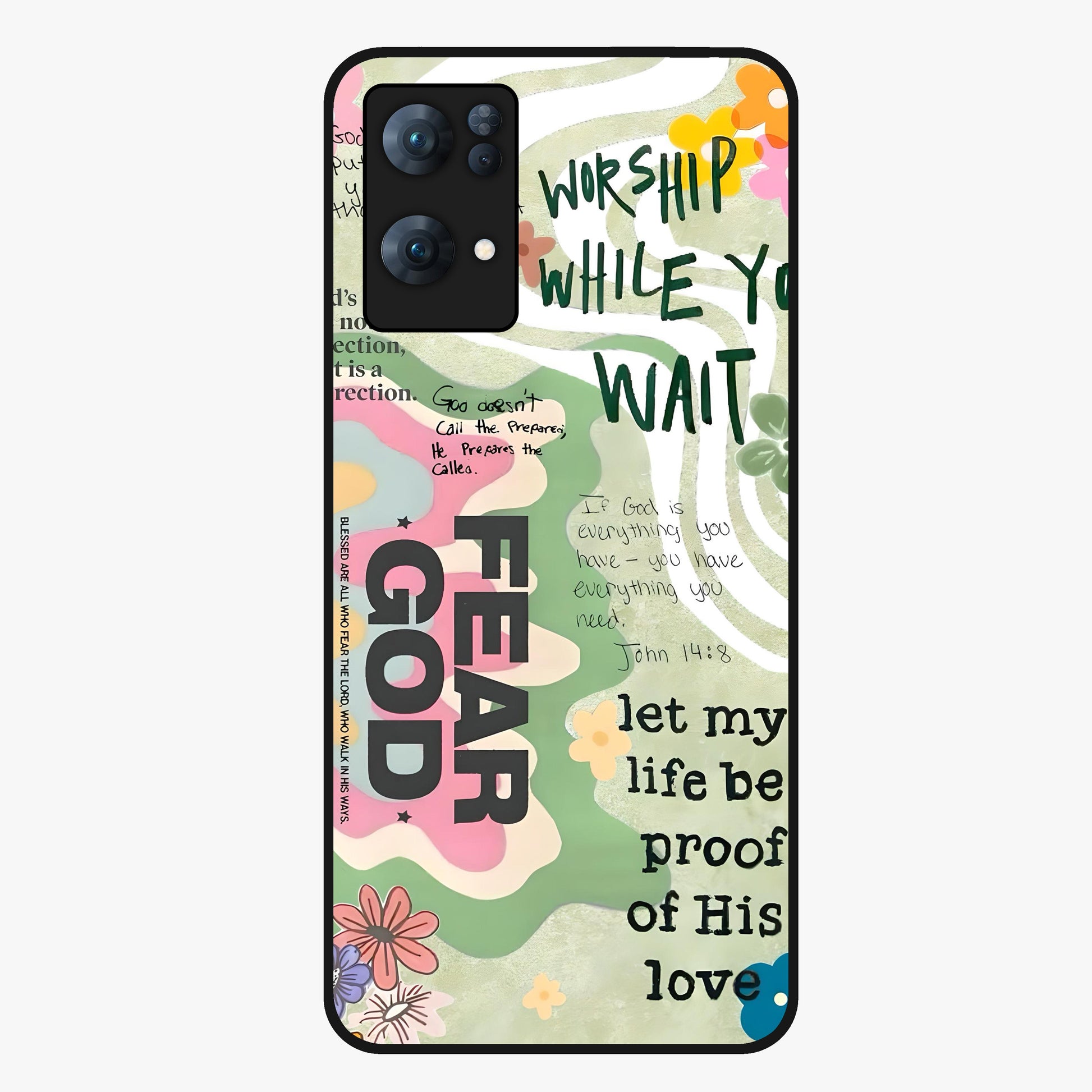 Faith Over Fear Glass Case showing flat back view with motivational typography artwork and glossy glass finish.